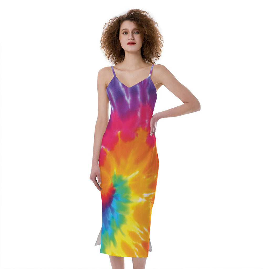 Colorful Spiral Tie Dye Print Slim Fit Midi Cami Dress