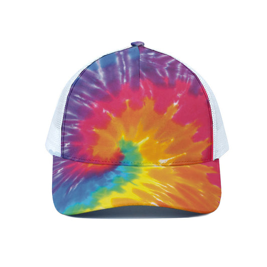 Colorful Spiral Tie Dye Print White Mesh Trucker Cap