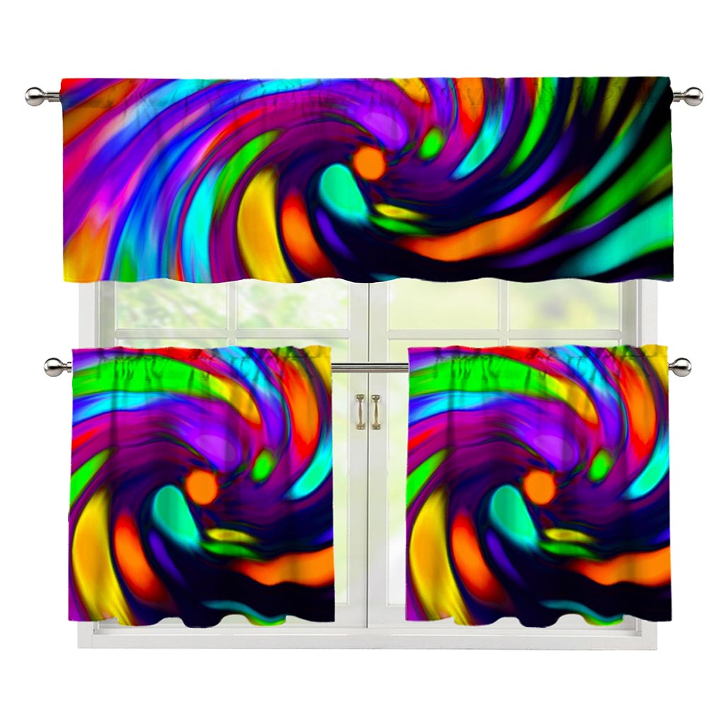 Colorful Spiral Trippy Print 3 Piece Kitchen Curtains