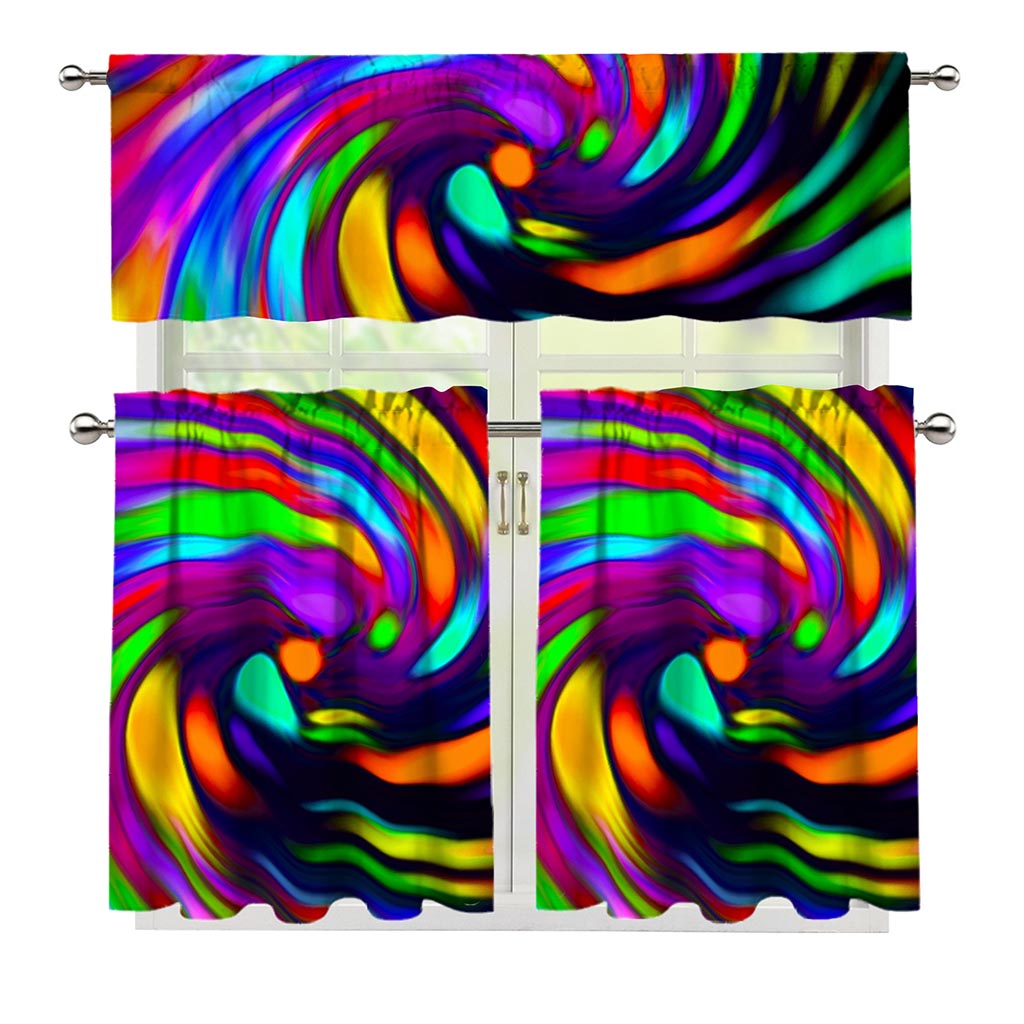 Colorful Spiral Trippy Print 3 Piece Kitchen Curtains