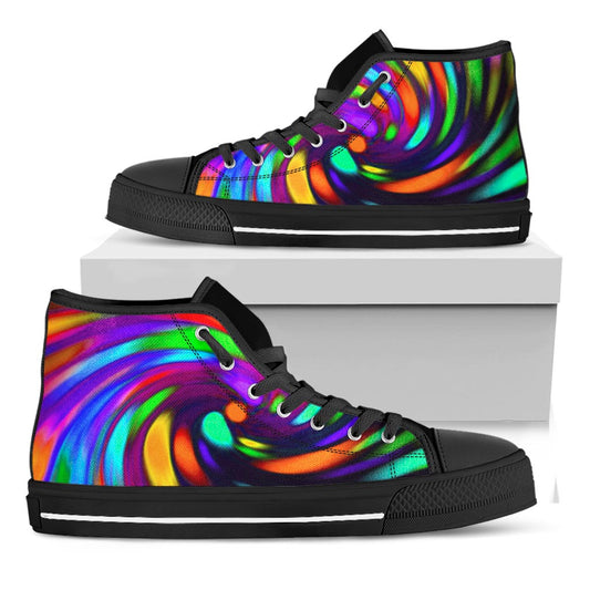 Colorful Spiral Trippy Print Black High Top Sneakers