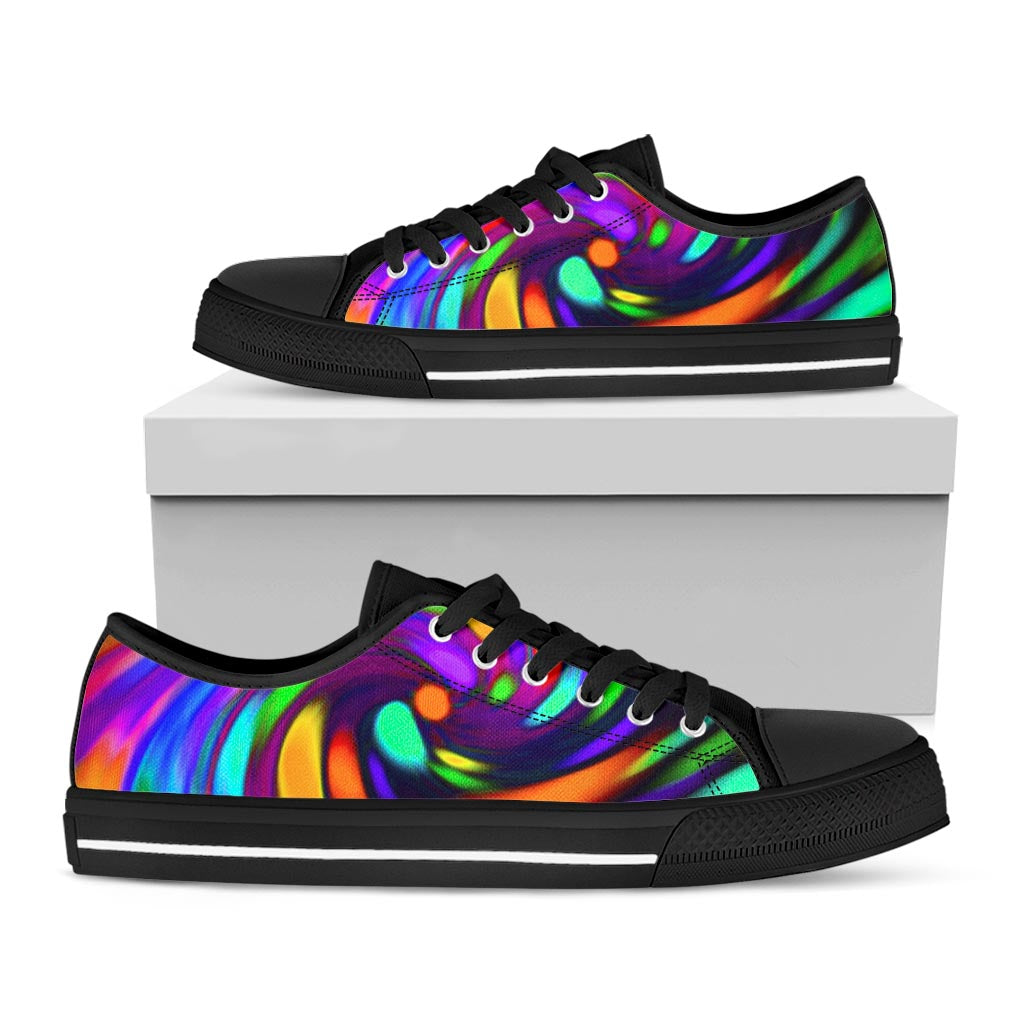 Colorful Spiral Trippy Print Black Low Top Sneakers