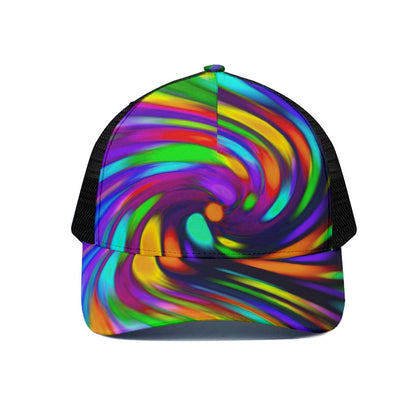 Colorful Spiral Trippy Print Black Mesh Trucker Cap