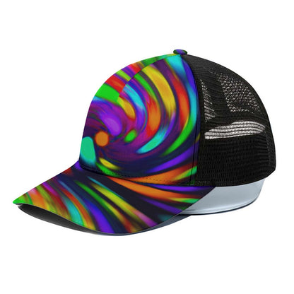 Colorful Spiral Trippy Print Black Mesh Trucker Cap