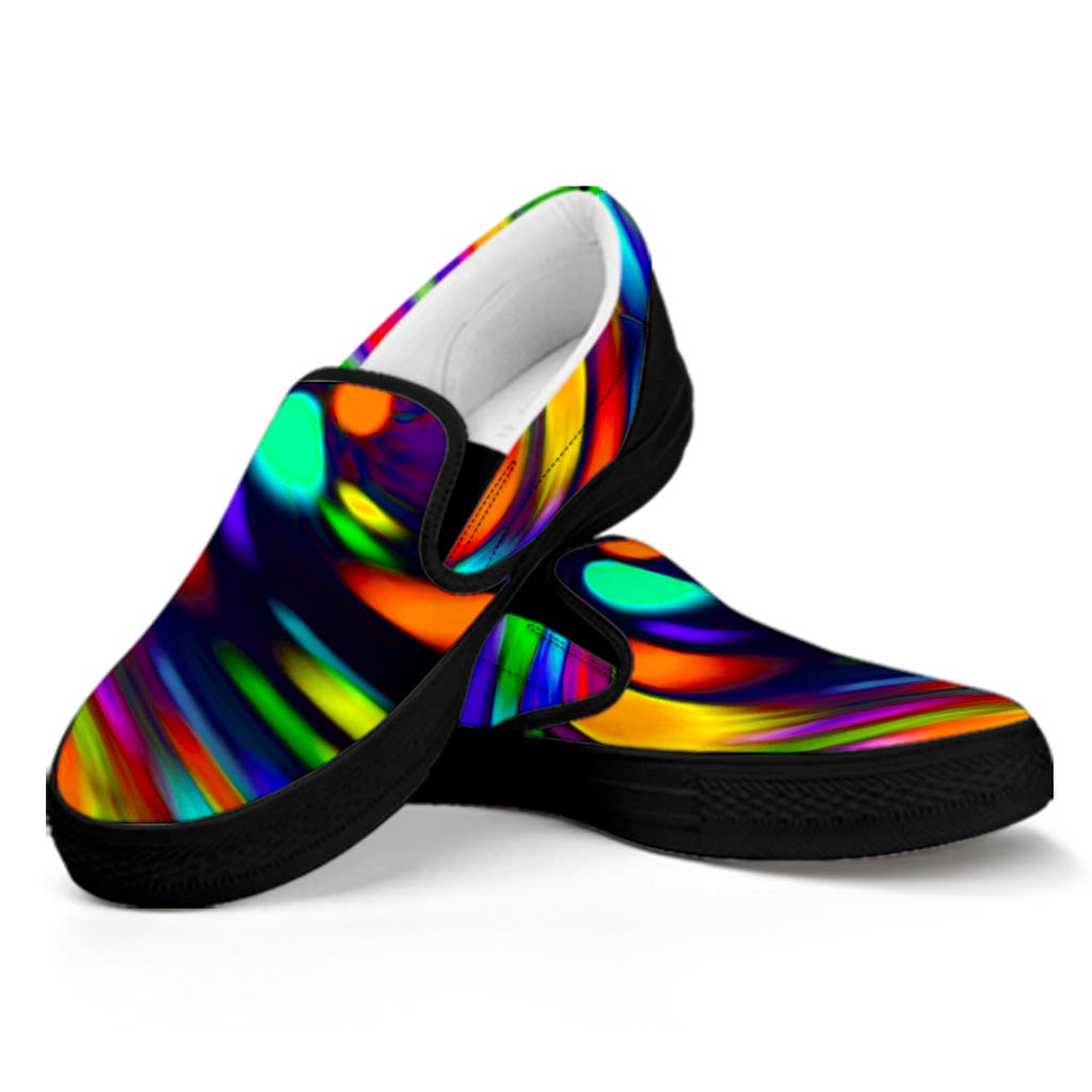 Colorful Spiral Trippy Print Black Slip On Sneakers