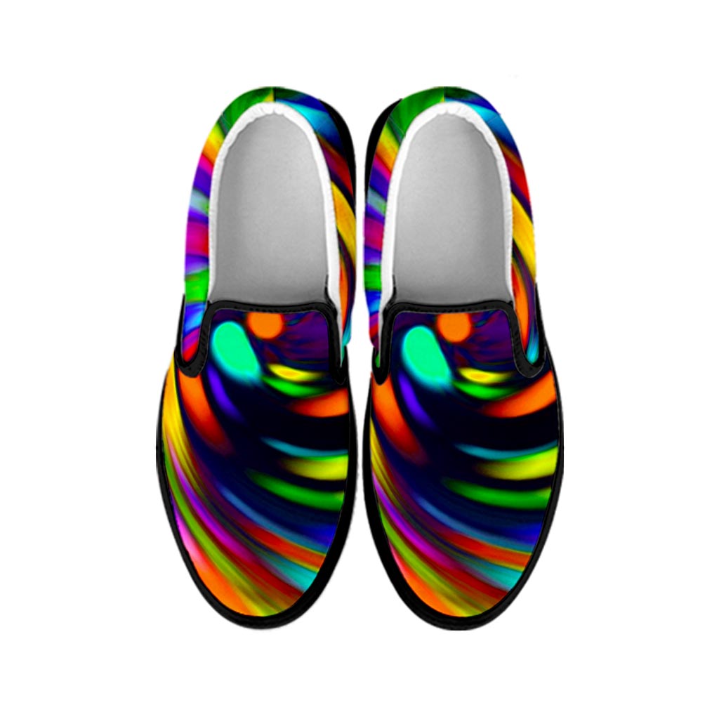 Colorful Spiral Trippy Print Black Slip On Sneakers