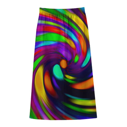 Colorful Spiral Trippy Print Cotton Front Slit Maxi Skirt