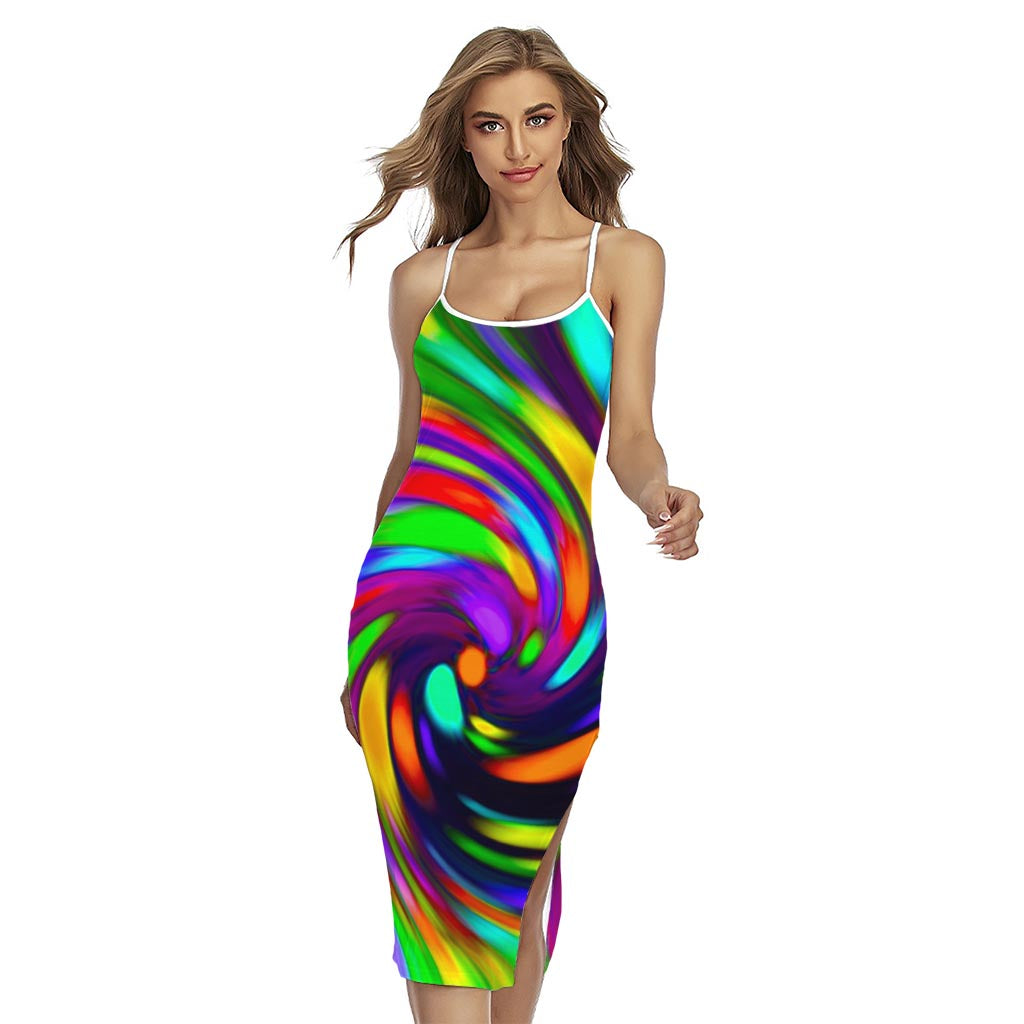 Colorful Spiral Trippy Print Cross Back Cami Dress