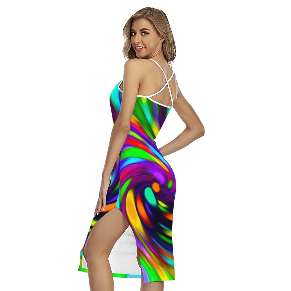 Colorful Spiral Trippy Print Cross Back Cami Dress