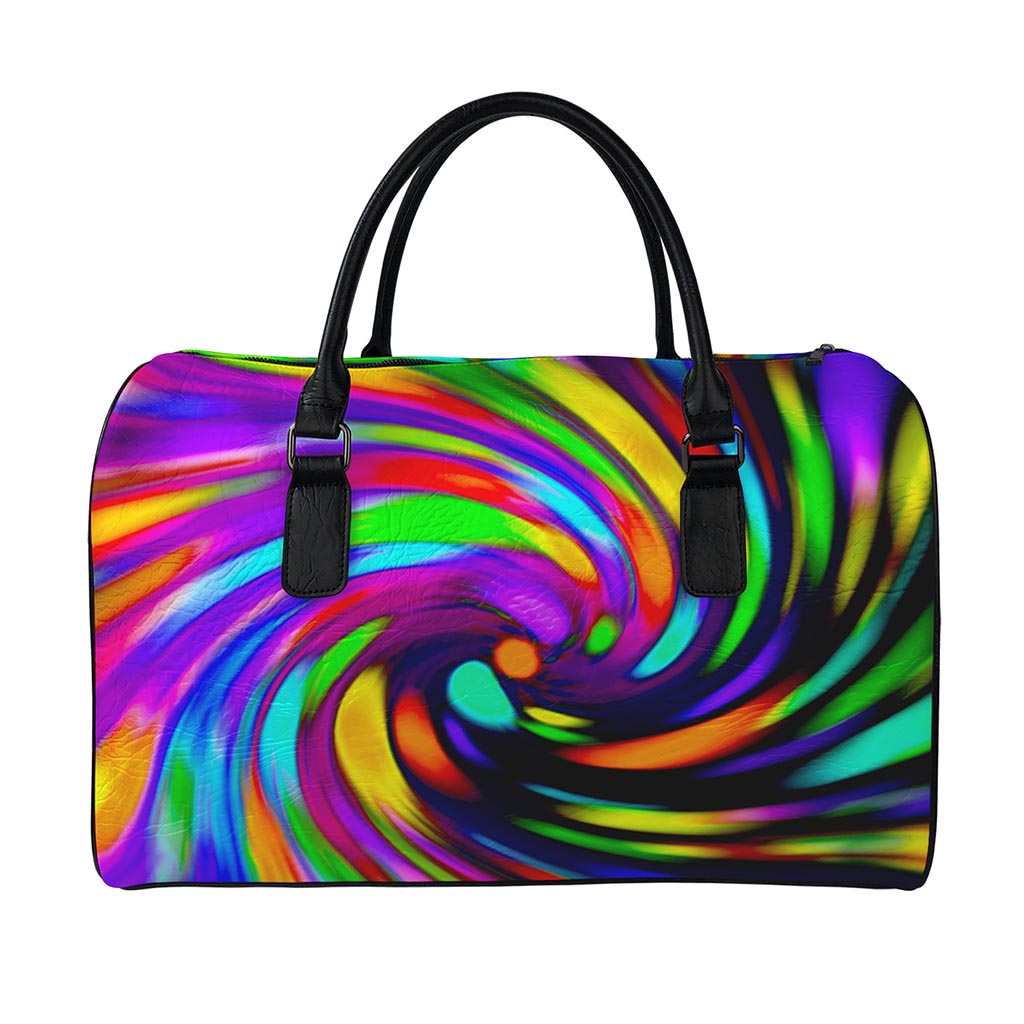 Colorful Spiral Trippy Print Leather Duffle Bag
