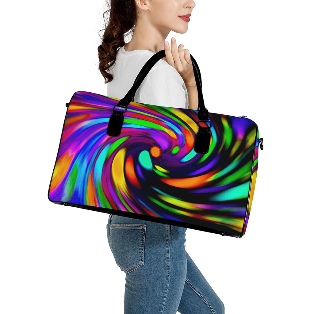 Colorful Spiral Trippy Print Leather Duffle Bag