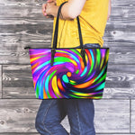 Colorful Spiral Trippy Print Leather Tote Bag