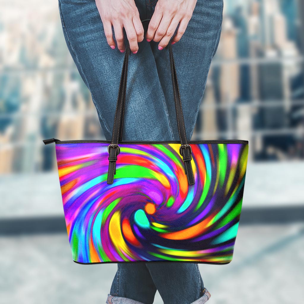 Colorful Spiral Trippy Print Leather Tote Bag