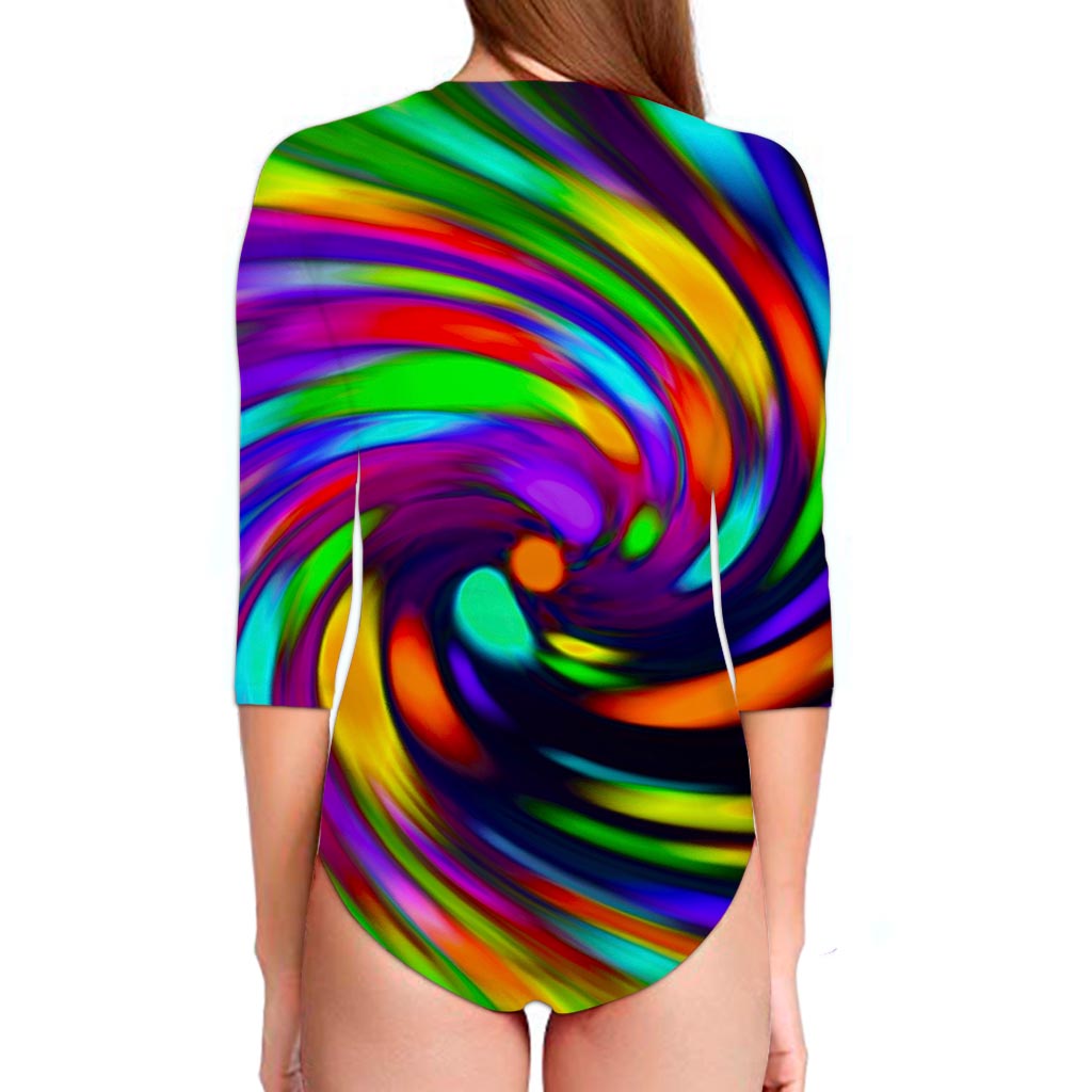 Colorful Spiral Trippy Print Long Sleeve Swimsuit