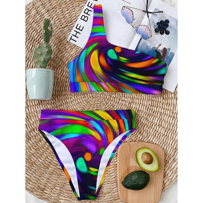 Colorful Spiral Trippy Print One Shoulder Bikini Top