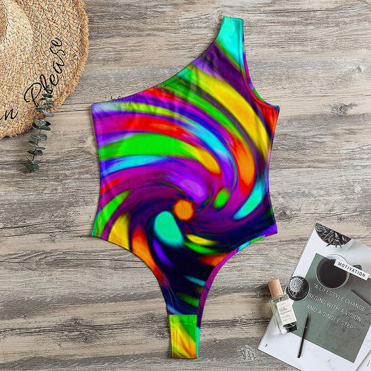 Colorful Spiral Trippy Print One Shoulder Bodysuit