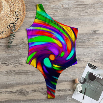 Colorful Spiral Trippy Print One Shoulder Bodysuit