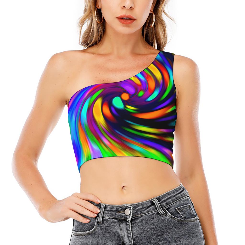 Colorful Spiral Trippy Print One Shoulder Crop Top