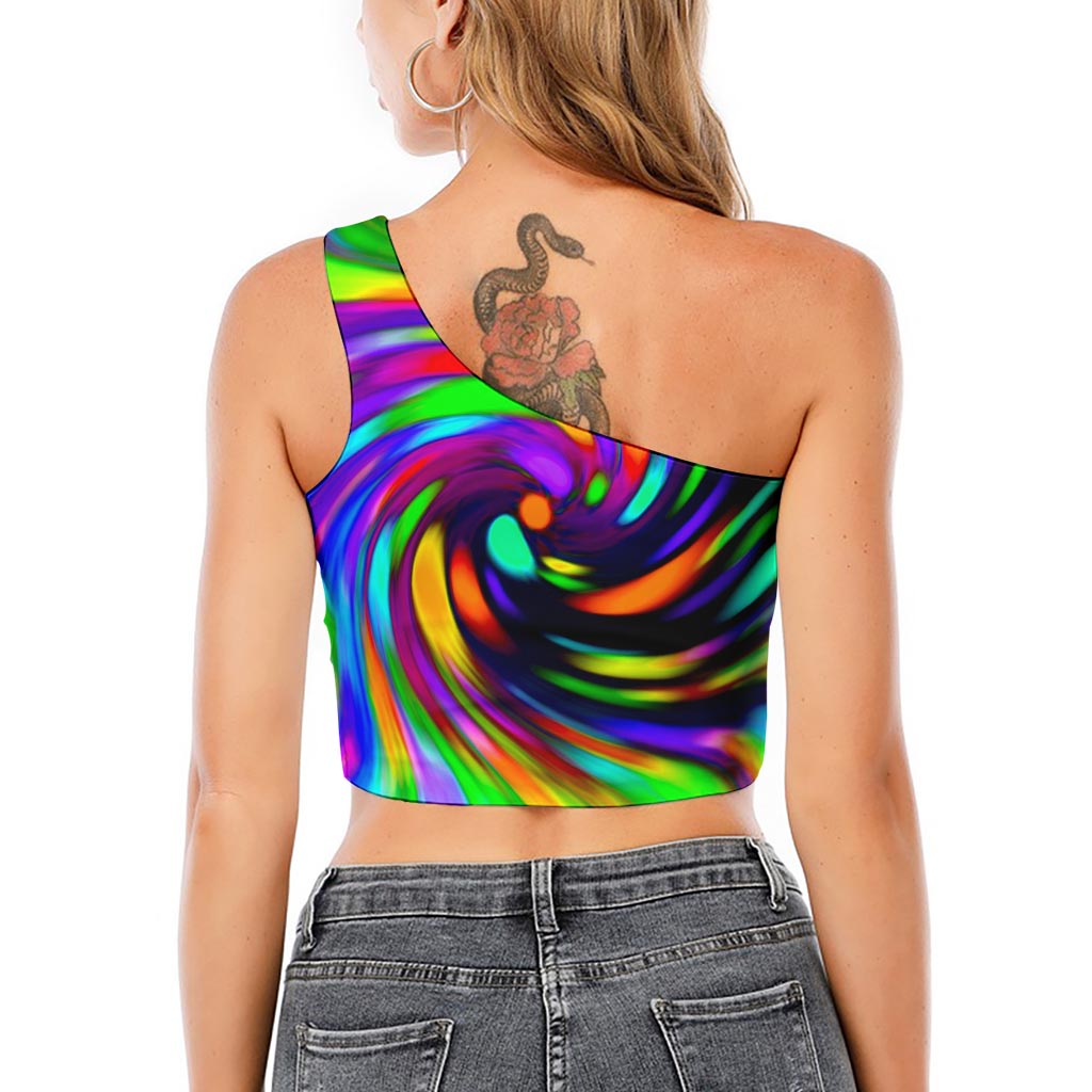 Colorful Spiral Trippy Print One Shoulder Crop Top