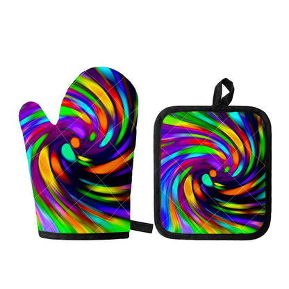 Colorful Spiral Trippy Print Oven Mitt And Pot Holder Set