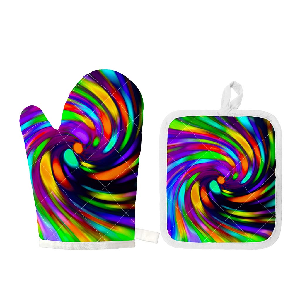 Colorful Spiral Trippy Print Oven Mitt And Pot Holder Set