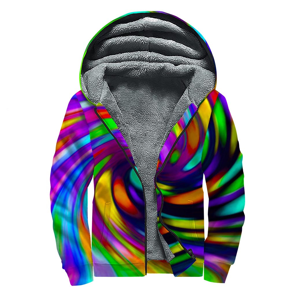 Colorful Spiral Trippy Print Sherpa Lined Zip Up Hoodie
