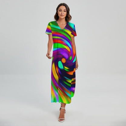 Colorful Spiral Trippy Print Short Sleeve Maxi Dress