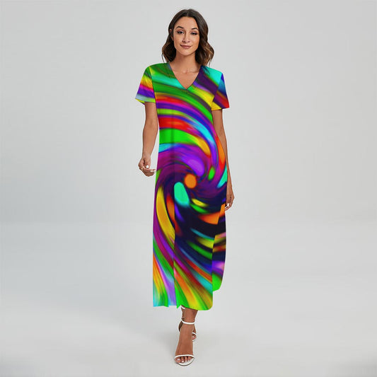 Colorful Spiral Trippy Print Short Sleeve Maxi Dress