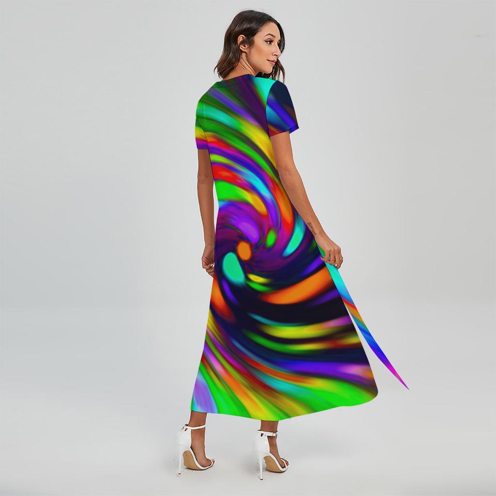 Colorful Spiral Trippy Print Short Sleeve Maxi Dress