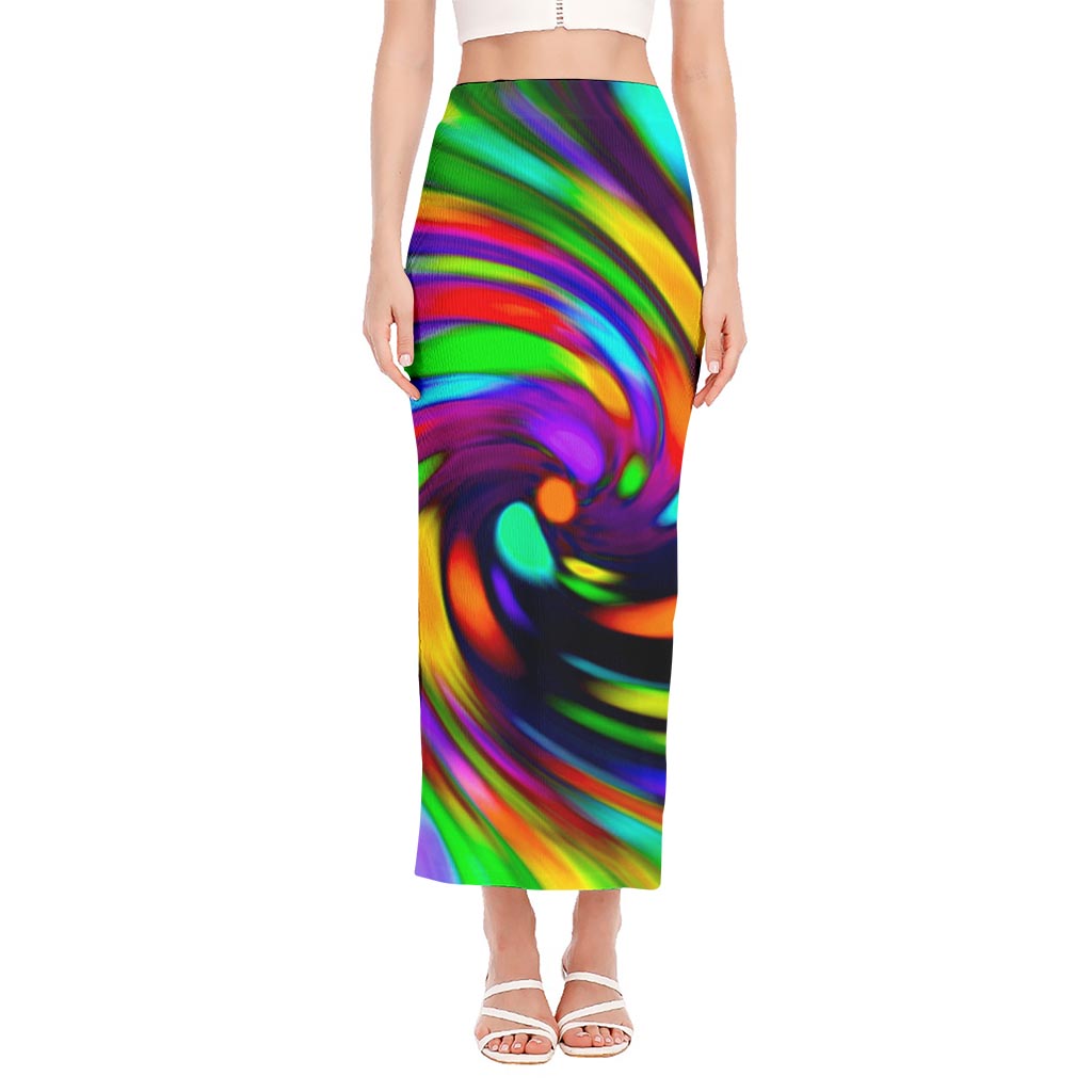 Colorful Spiral Trippy Print Side Slit Maxi Skirt
