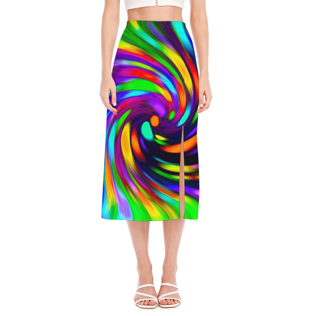 Colorful Spiral Trippy Print Side Slit Midi Skirt