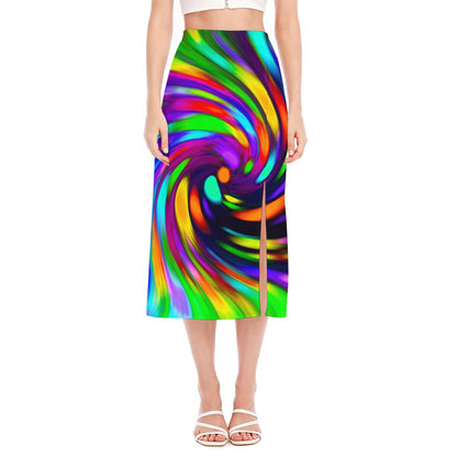 Colorful Spiral Trippy Print Side Slit Midi Skirt