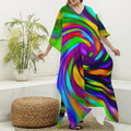 Colorful Spiral Trippy Print Silk V-Neck Kaftan Dress
