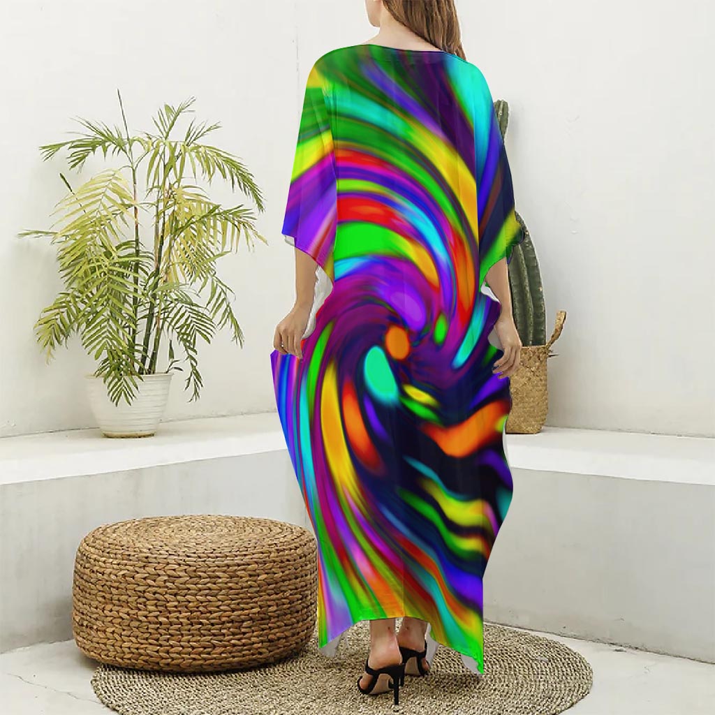 Colorful Spiral Trippy Print Silk V-Neck Kaftan Dress