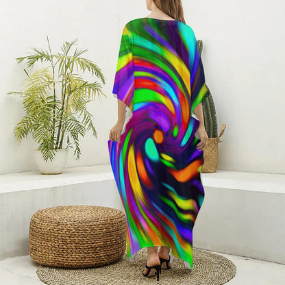 Colorful Spiral Trippy Print Silk V-Neck Kaftan Dress