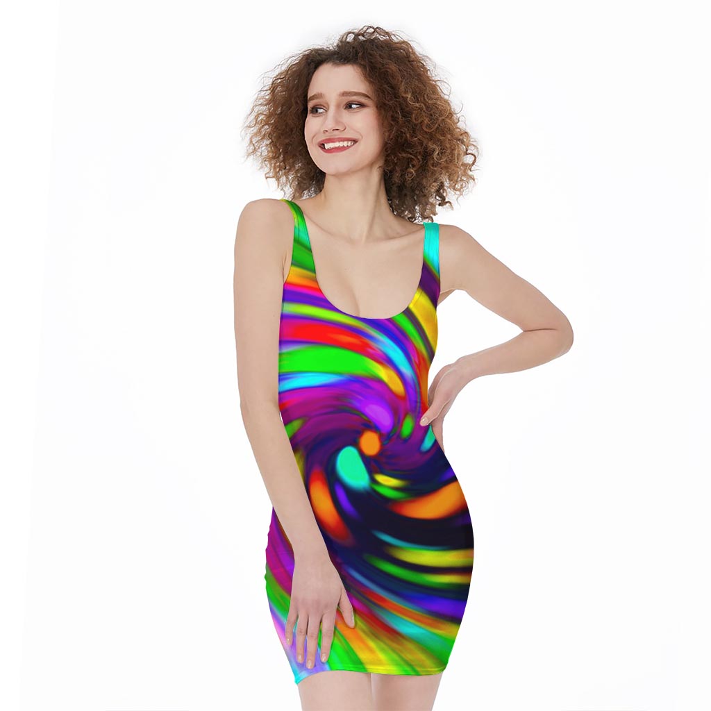 Colorful Spiral Trippy Print Sleeveless Bodycon Dress