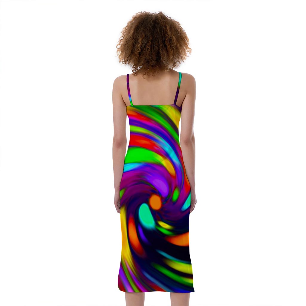 Colorful Spiral Trippy Print Slim Fit Midi Cami Dress