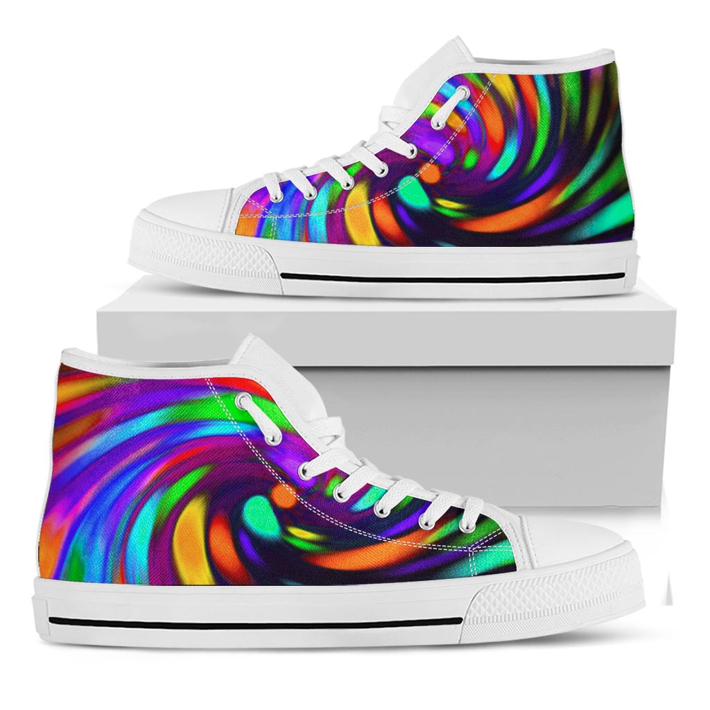 Colorful Spiral Trippy Print White High Top Sneakers