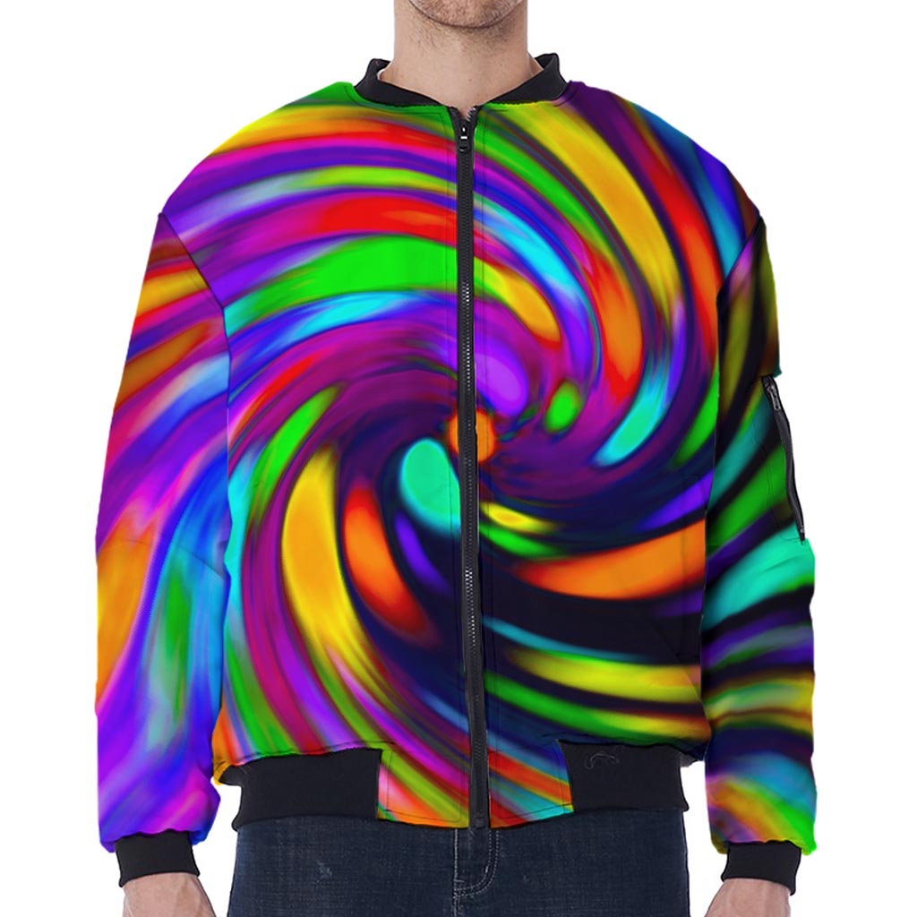 Colorful Spiral Trippy Print Zip Sleeve Bomber Jacket