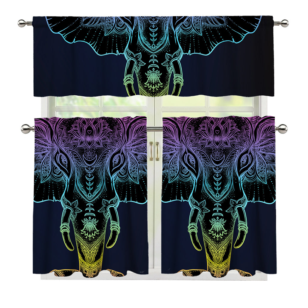 Colorful Spiritual Elephant Print 3 Piece Kitchen Curtains