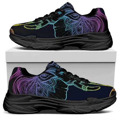 Colorful Spiritual Elephant Print Black Chunky Shoes