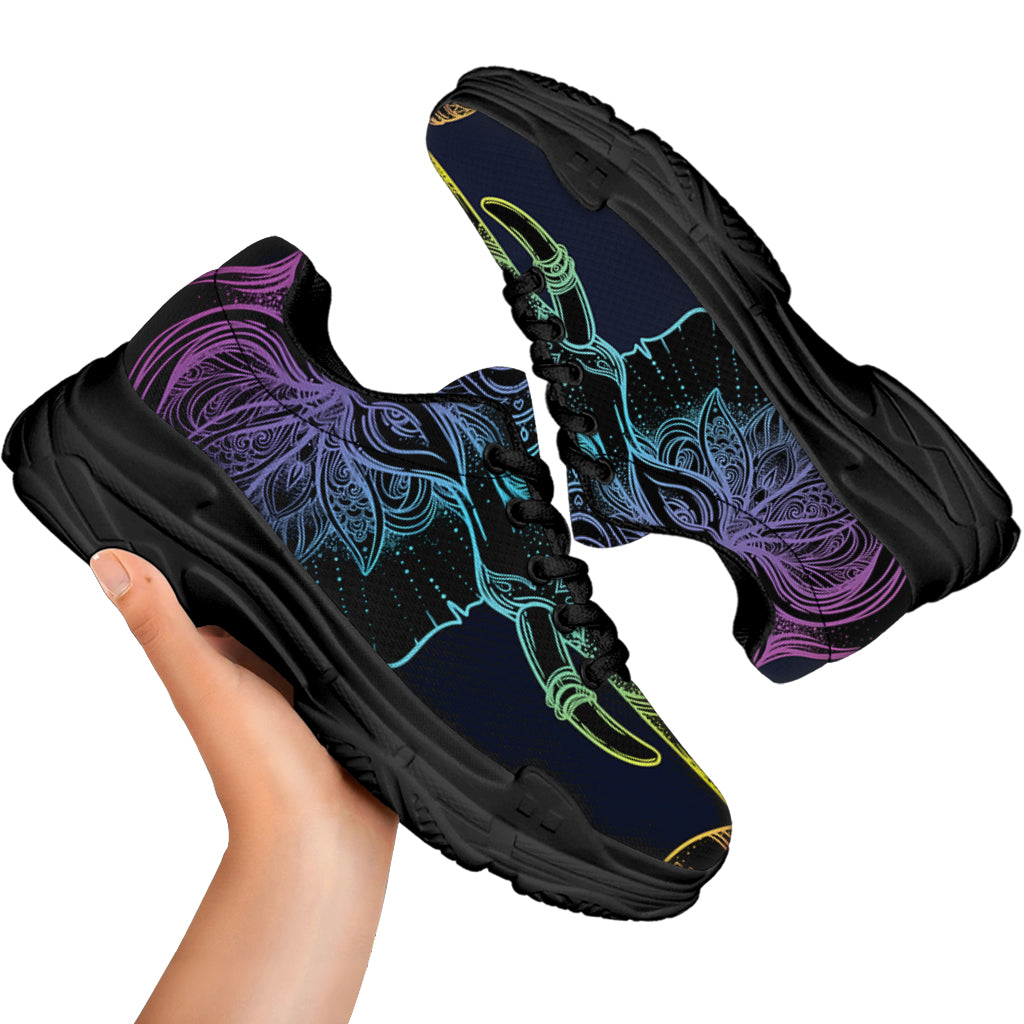 Colorful Spiritual Elephant Print Black Chunky Shoes