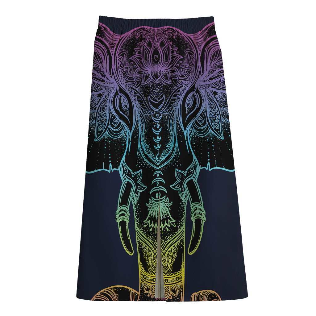 Colorful Spiritual Elephant Print Cotton Front Slit Maxi Skirt