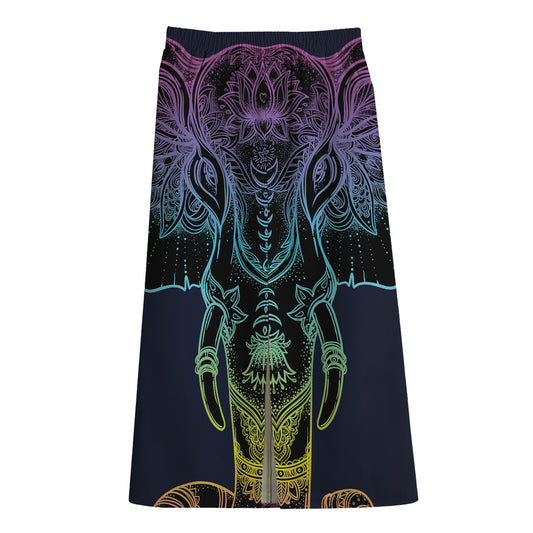 Colorful Spiritual Elephant Print Cotton Front Slit Maxi Skirt
