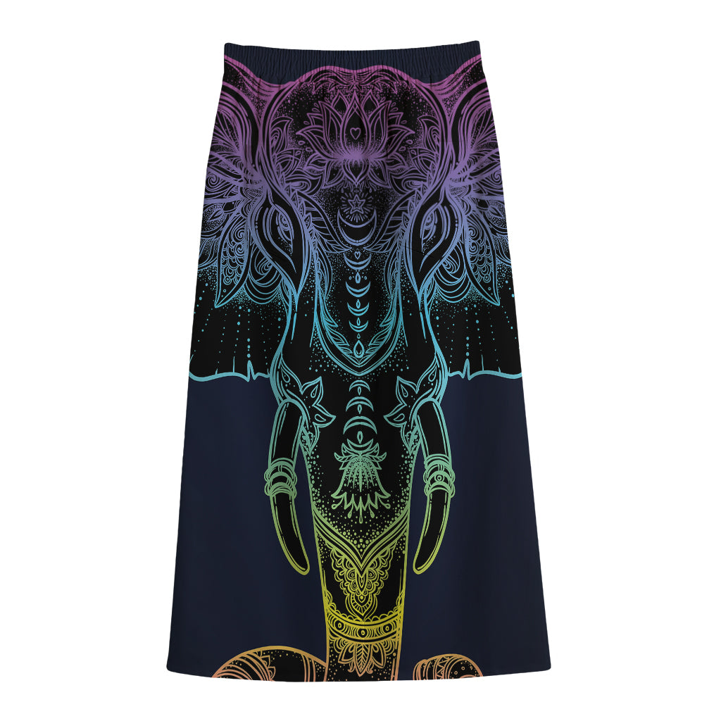 Colorful Spiritual Elephant Print Cotton Front Slit Maxi Skirt