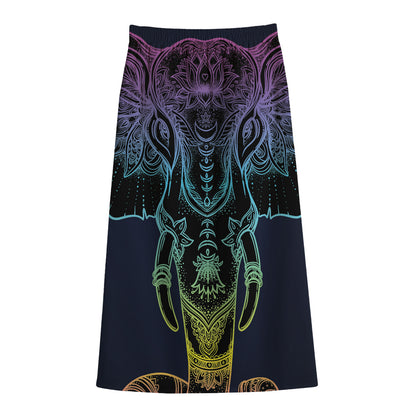 Colorful Spiritual Elephant Print Cotton Front Slit Maxi Skirt