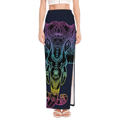Colorful Spiritual Elephant Print High Slit Maxi Skirt