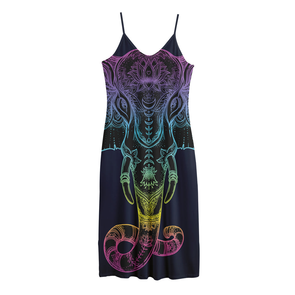 Colorful Spiritual Elephant Print Jersey Midi Cami Dress