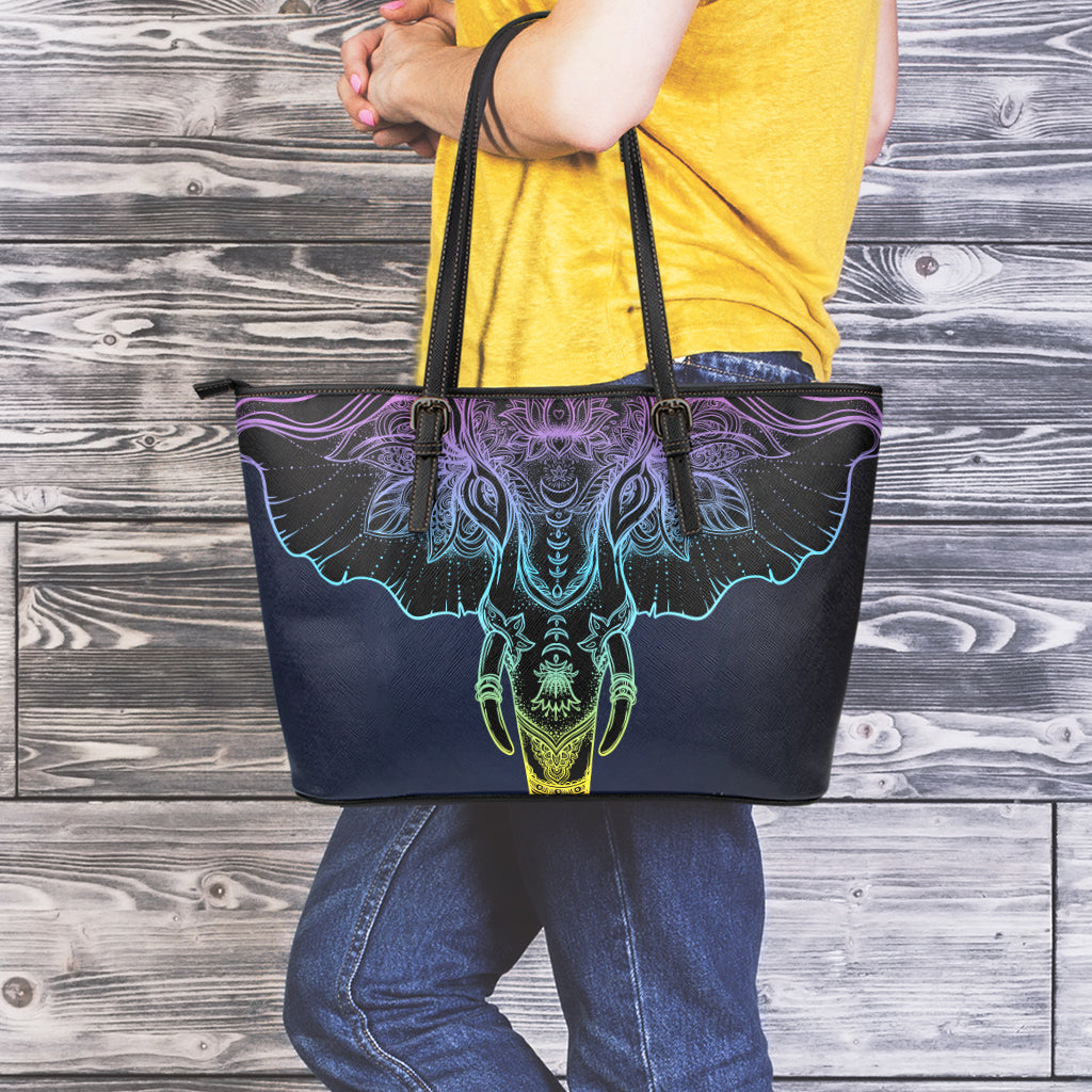 Colorful Spiritual Elephant Print Leather Tote Bag