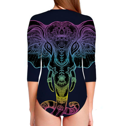 Colorful Spiritual Elephant Print Long Sleeve Swimsuit